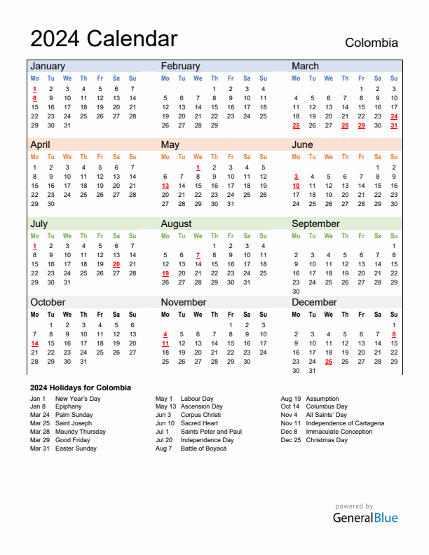 Calendar 2024 with Colombia Holidays
