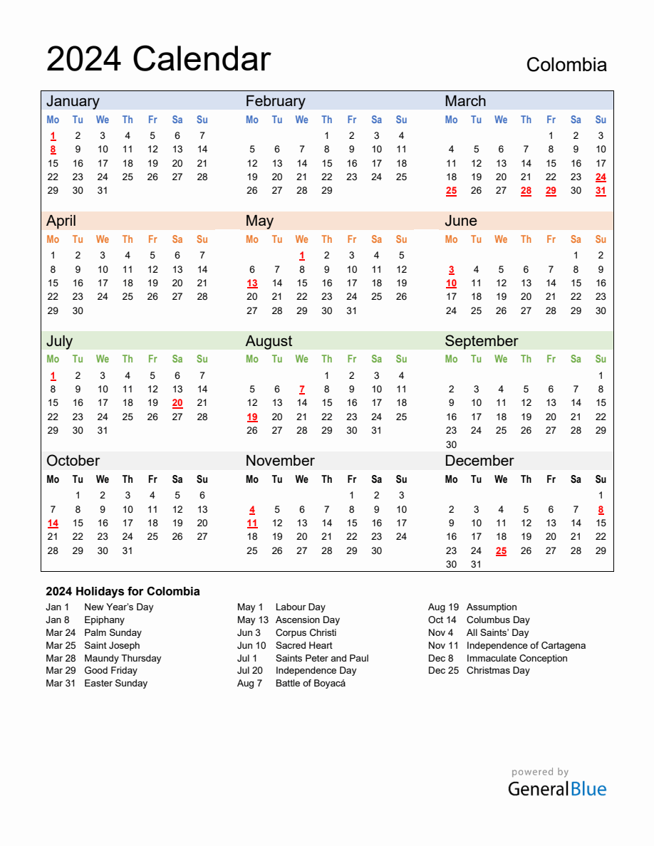 Annual Calendar 2024 with Colombia Holidays