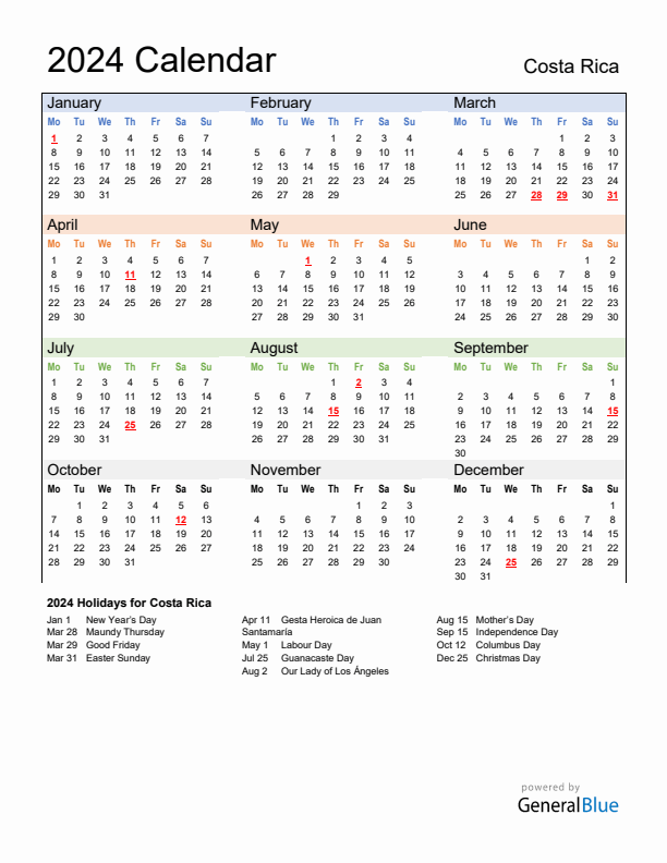 Calendar 2024 with Costa Rica Holidays