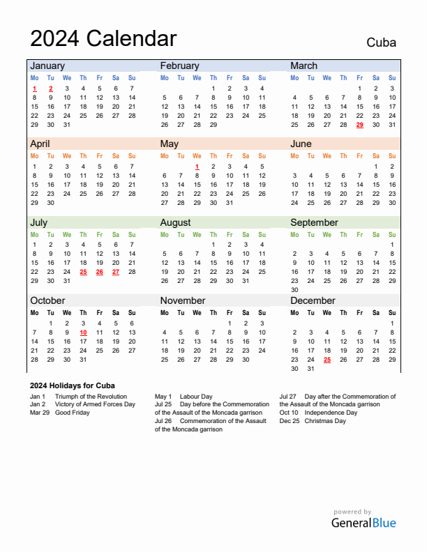 Calendar 2024 with Cuba Holidays