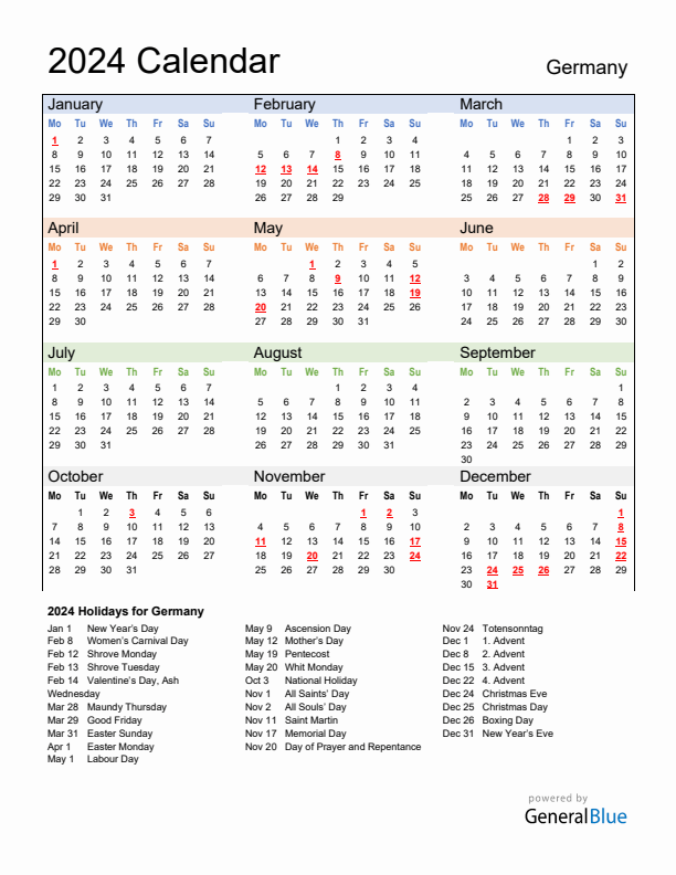 Annual Calendar 2024 with Germany Holidays