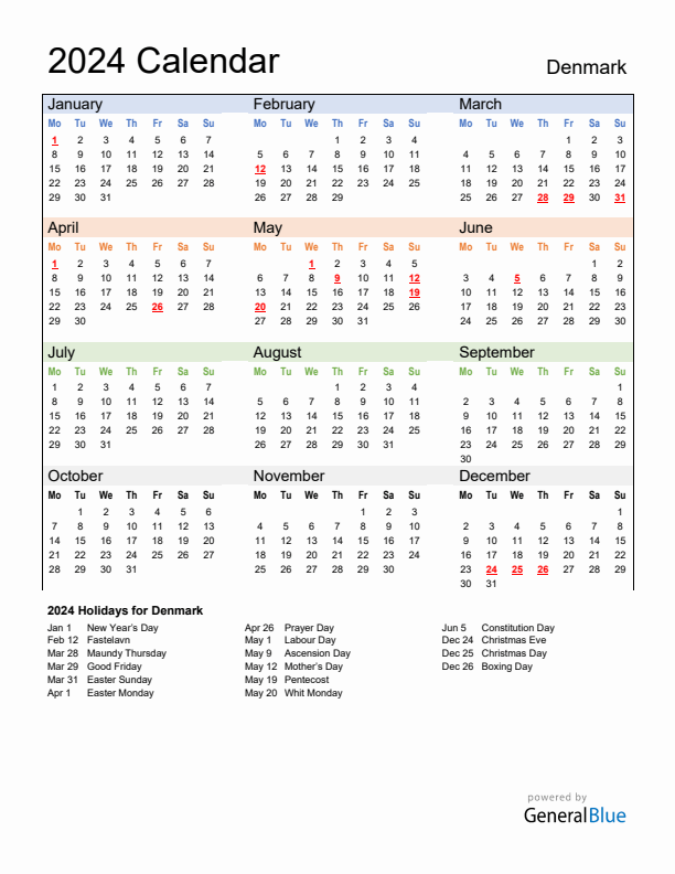 Calendar 2024 with Denmark Holidays
