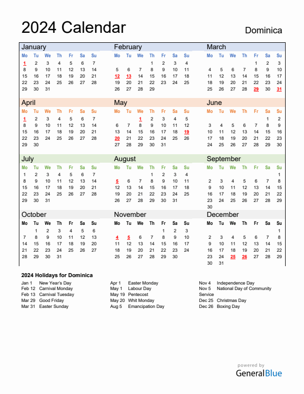 Calendar 2024 with Dominica Holidays