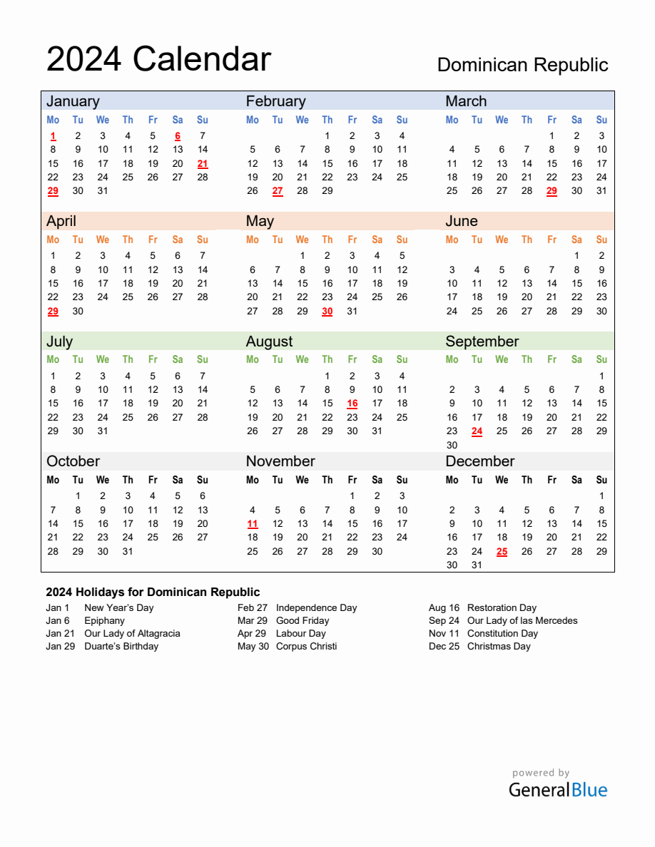 Annual Calendar 2024 with Dominican Republic Holidays