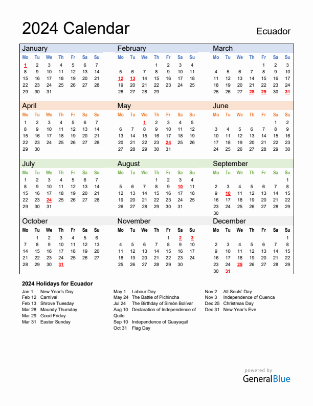 Calendar 2024 with Ecuador Holidays