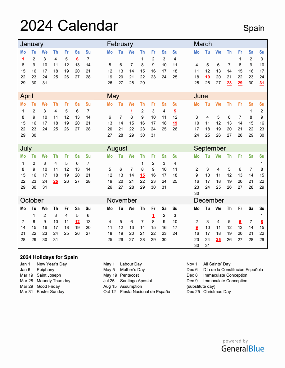 Annual Calendar 2024 with Spain Holidays