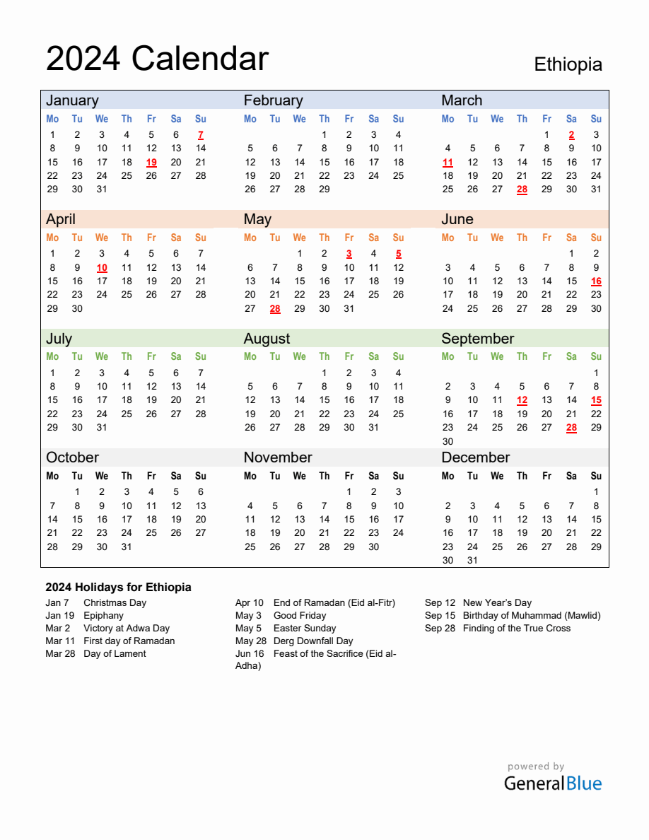 Annual Calendar 2024 with Ethiopia Holidays