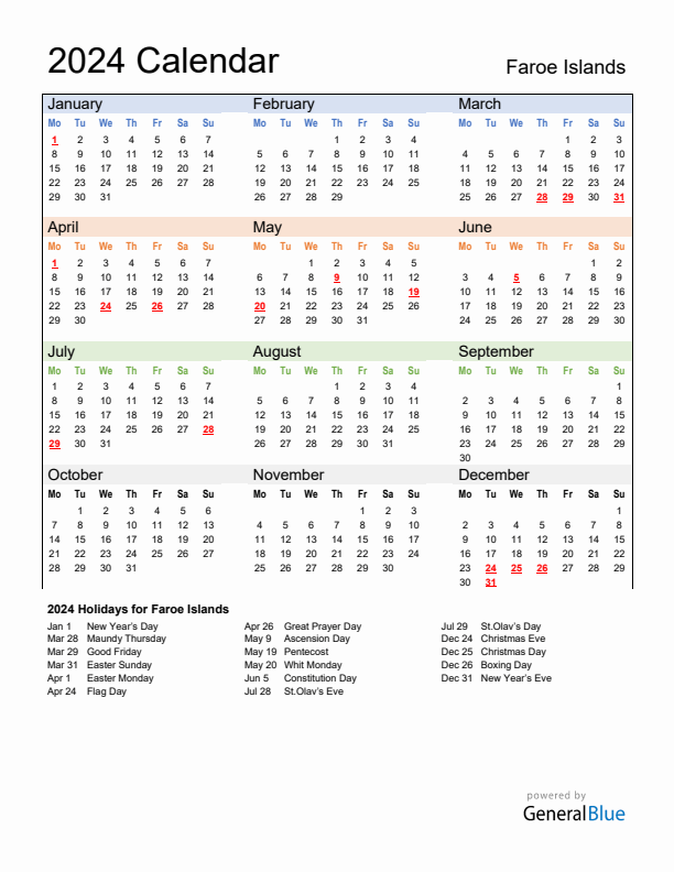Calendar 2024 with Faroe Islands Holidays