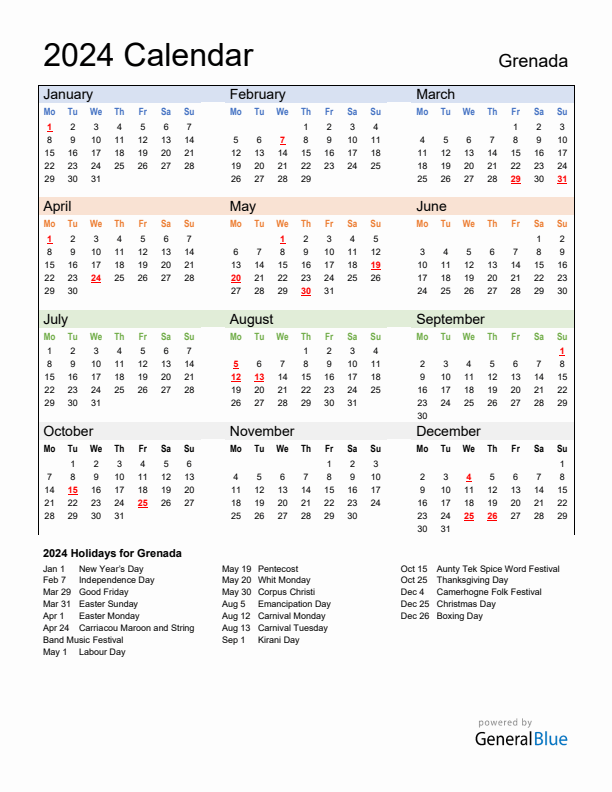Calendar 2024 with Grenada Holidays