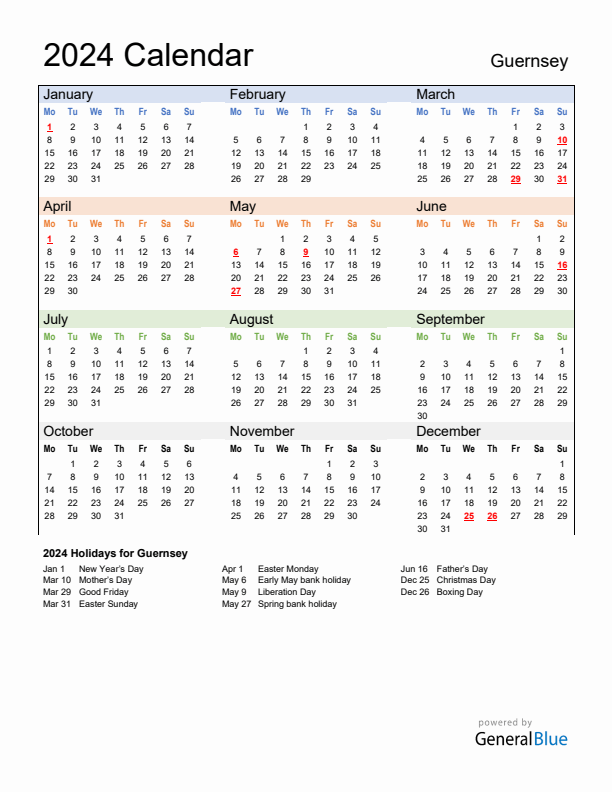 Calendar 2024 with Guernsey Holidays