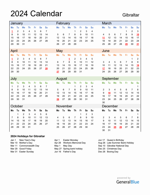 Calendar 2024 with Gibraltar Holidays
