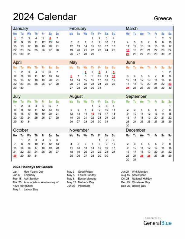 Calendar 2024 with Greece Holidays