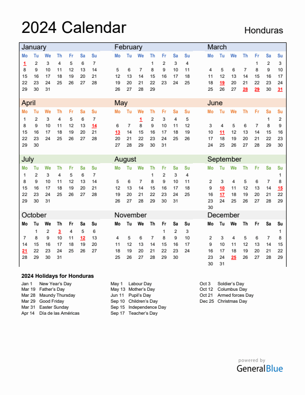 Annual Calendar 2024 with Honduras Holidays