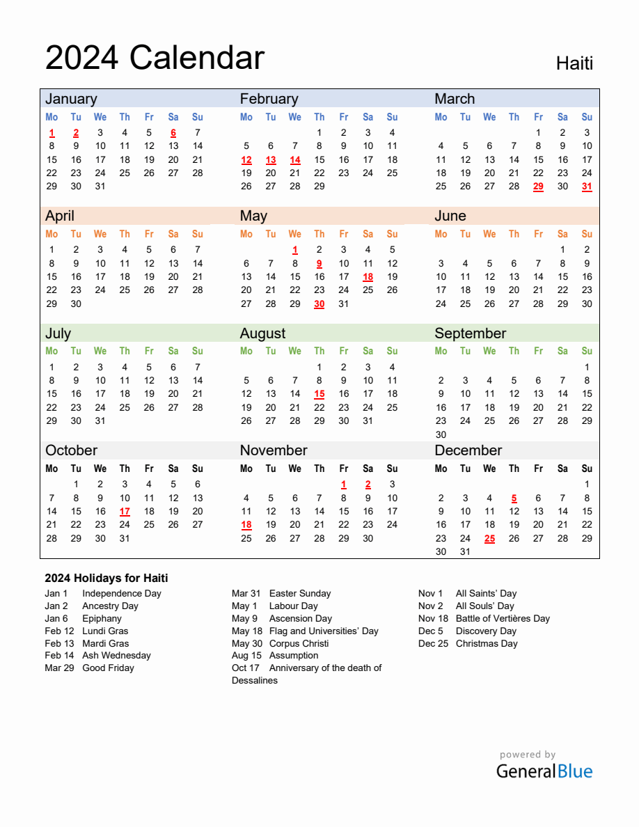 Annual Calendar 2024 with Haiti Holidays