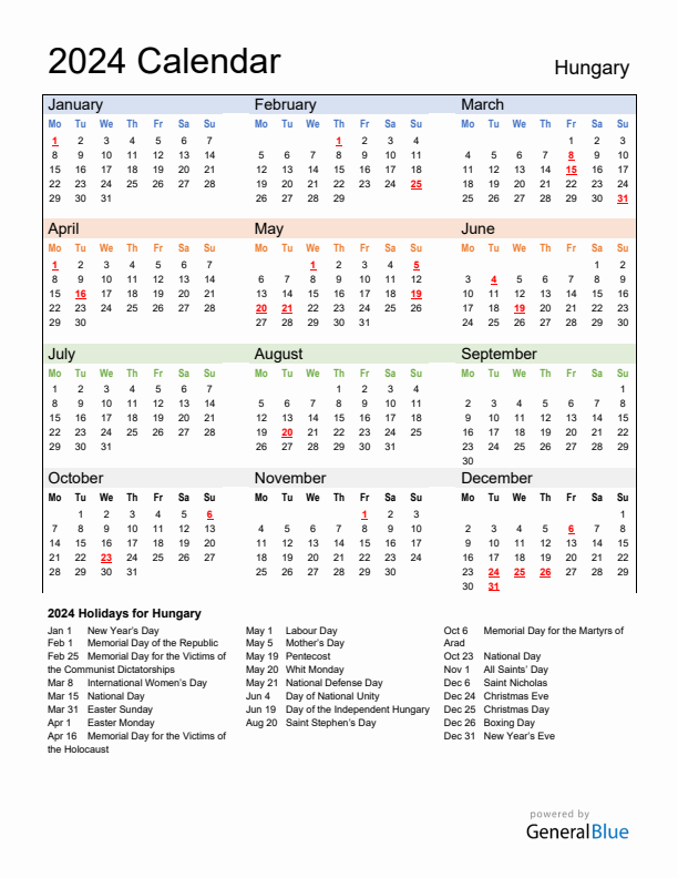 2024 Hungary Calendar with Holidays