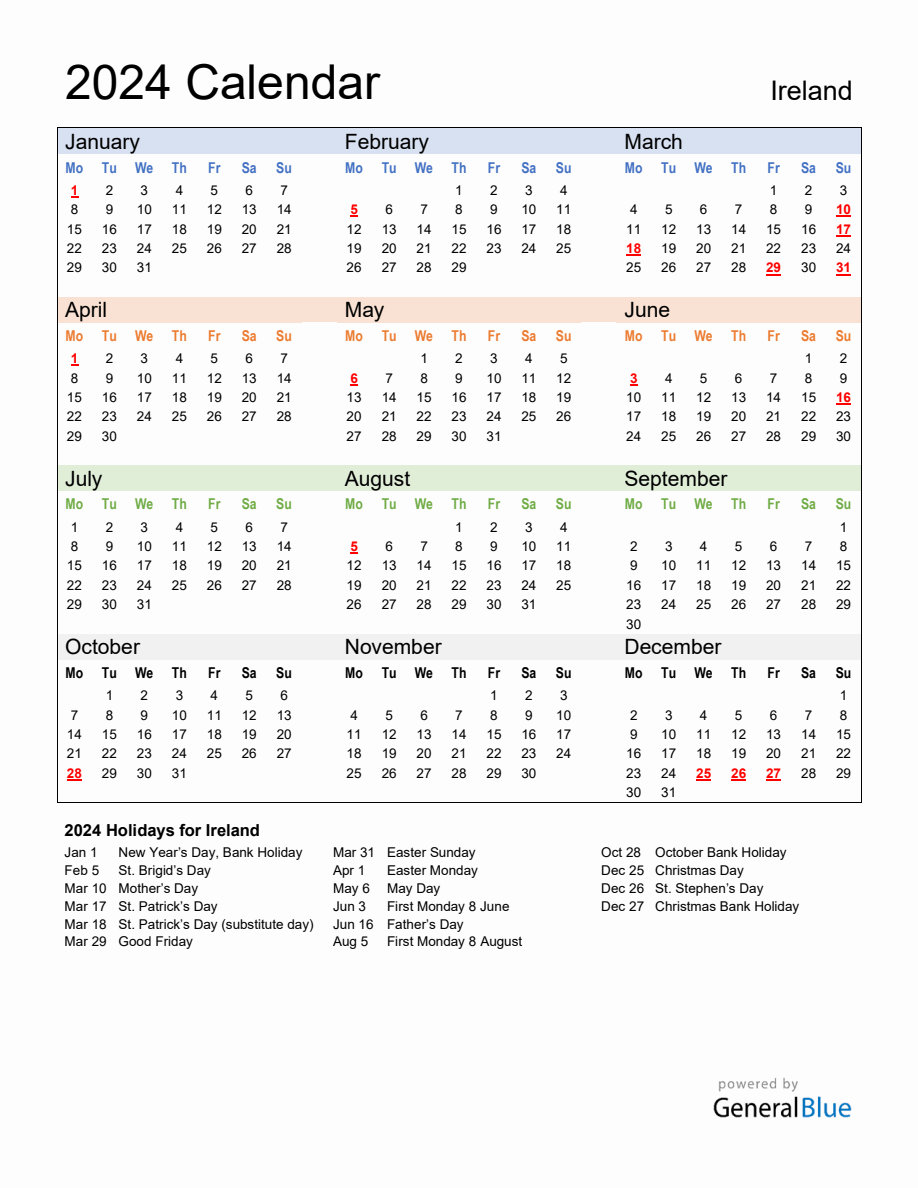 Annual Calendar 2024 with Ireland Holidays