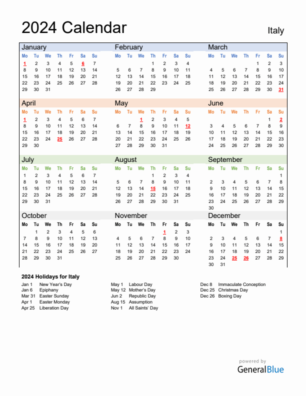 Calendar 2024 with Italy Holidays