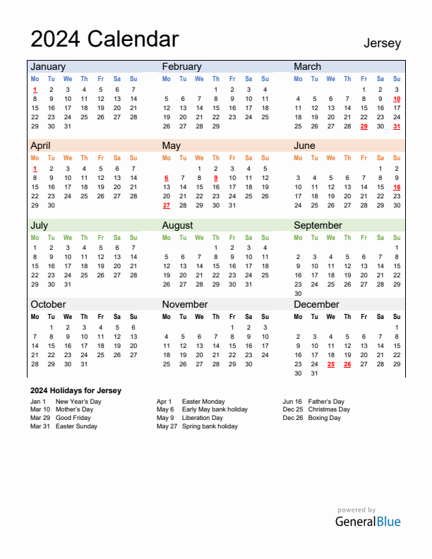 Calendar 2024 with Jersey Holidays