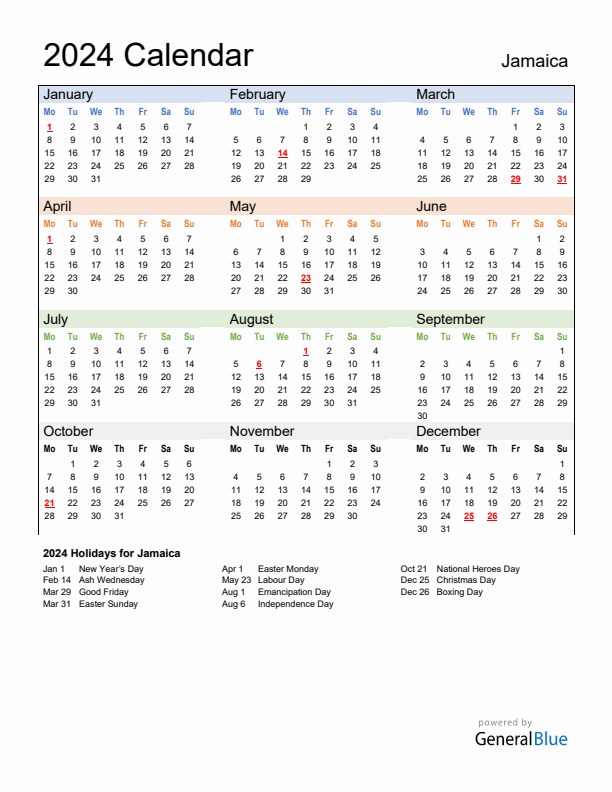2024 Jamaica Calendar with Holidays