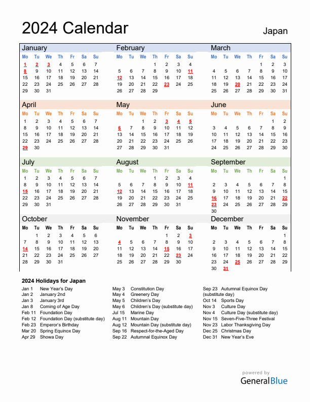 Annual Calendar 2024 with Japan Holidays