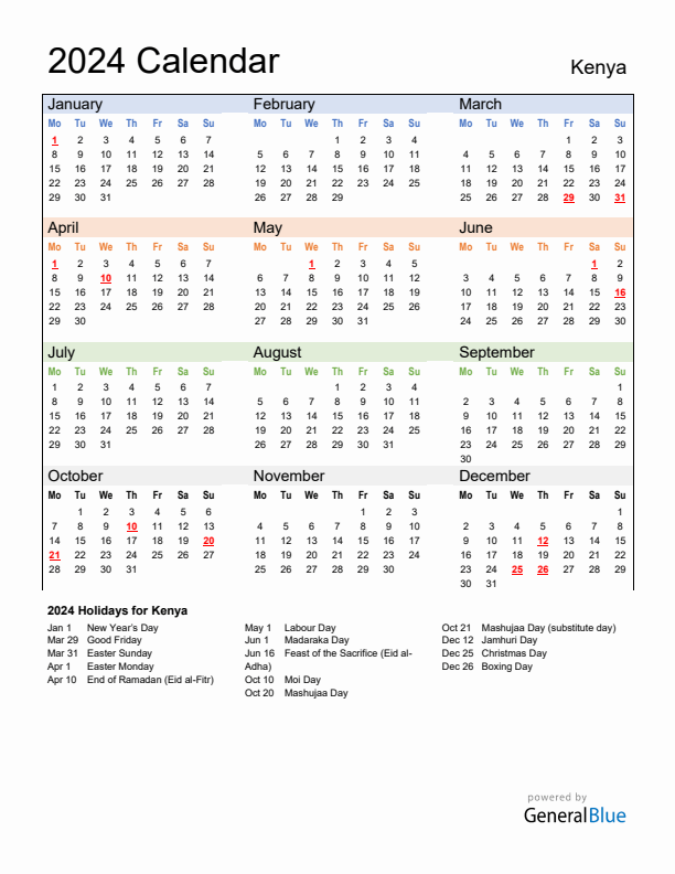 Calendar 2024 with Kenya Holidays