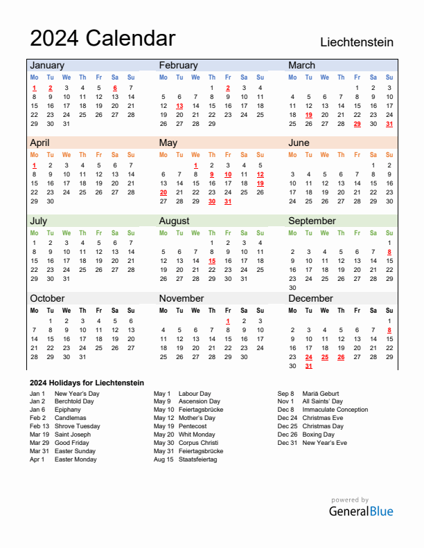 Calendar 2024 with Liechtenstein Holidays