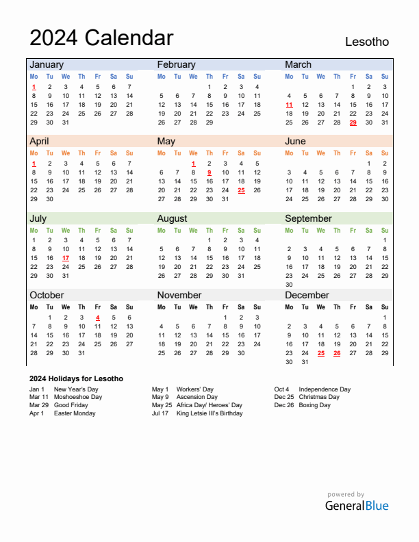 Calendar 2024 with Lesotho Holidays