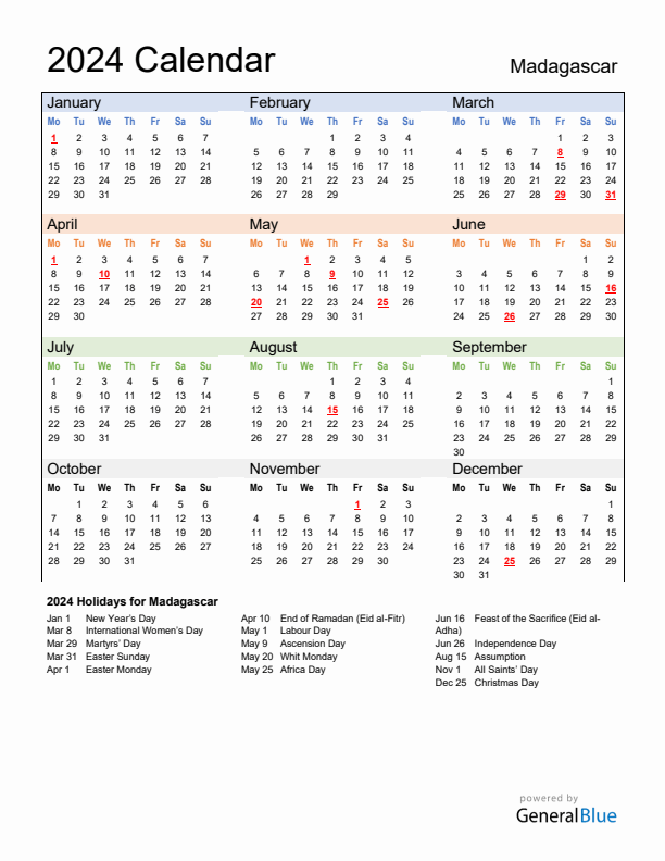 Calendar 2024 with Madagascar Holidays