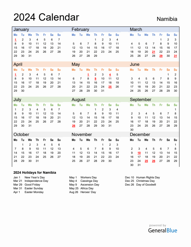 Annual Calendar 2024 with Namibia Holidays