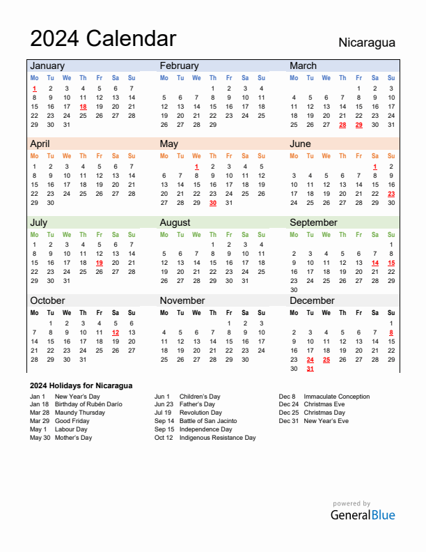 Calendar 2024 with Nicaragua Holidays