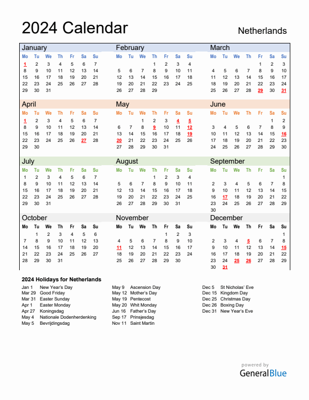 Calendar 2024 with The Netherlands Holidays