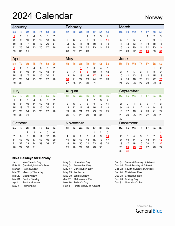 Calendar 2024 with Norway Holidays