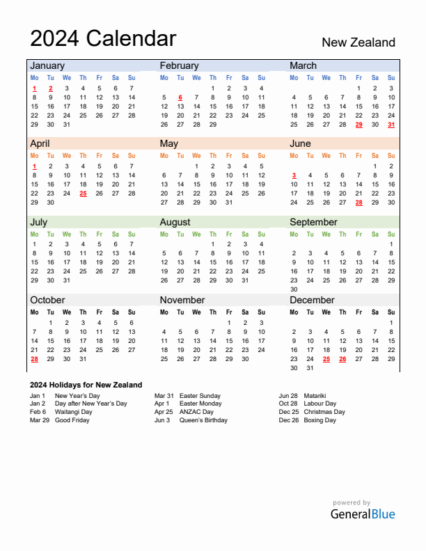 Calendar 2024 with New Zealand Holidays