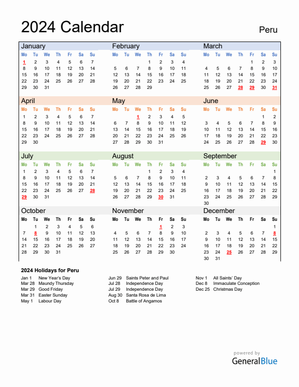 Calendar 2024 with Peru Holidays