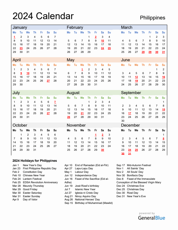 2024 Calendar Philippines With Holidays Printable Pdf Free Download