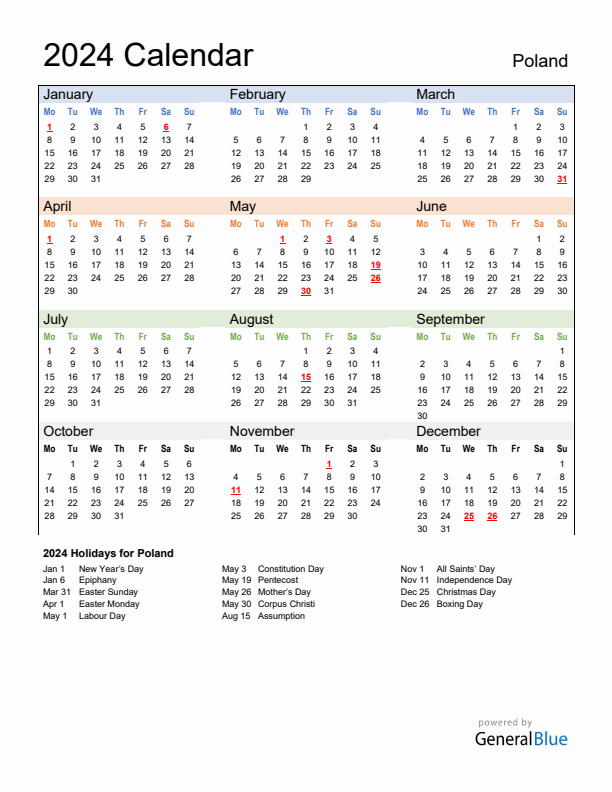 Calendar 2024 with Poland Holidays