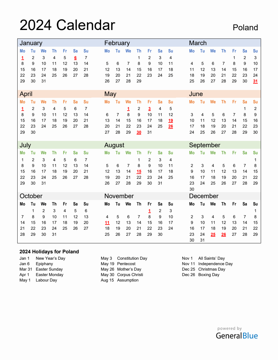 Annual Calendar 2024 with Poland Holidays