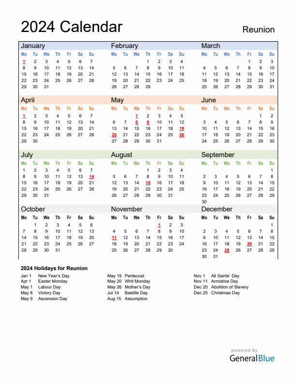 Calendar 2024 with Reunion Holidays