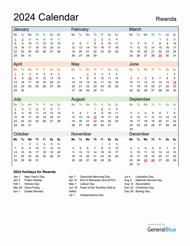 Calendar 2024 with Rwanda Holidays