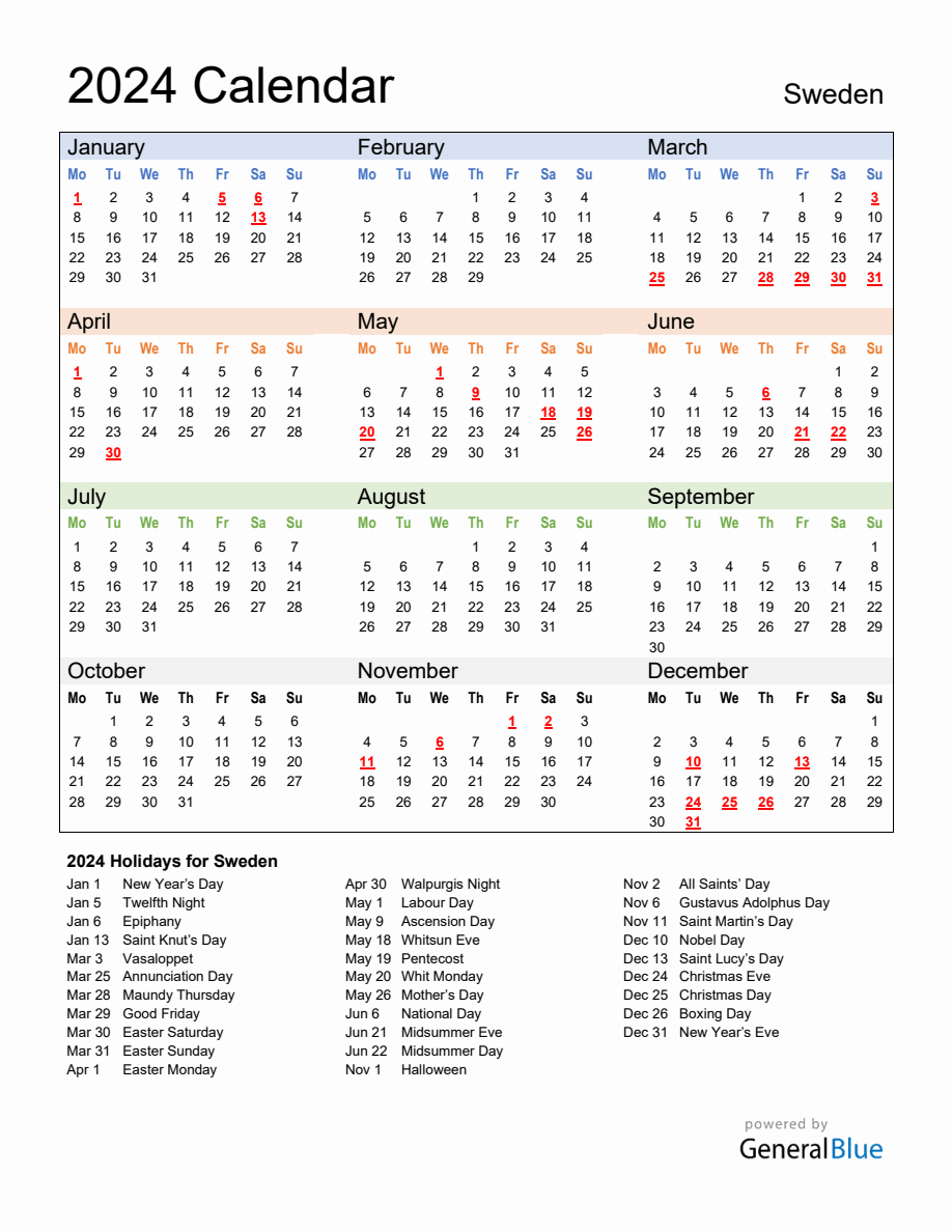 Annual Calendar 2024 with Sweden Holidays