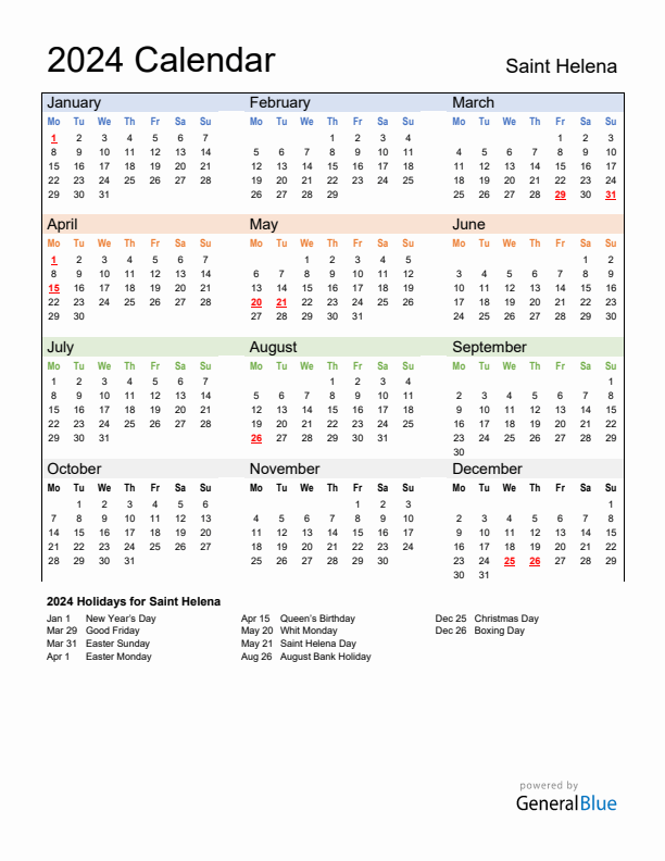 Calendar 2024 with Saint Helena Holidays