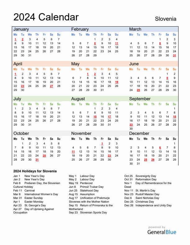 Calendar 2024 with Slovenia Holidays