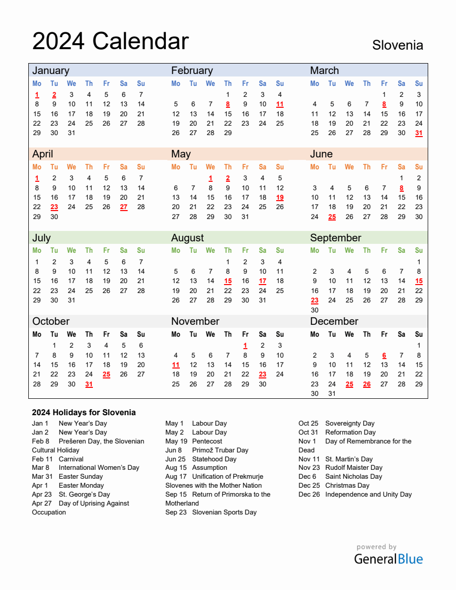 Annual Calendar 2024 with Slovenia Holidays