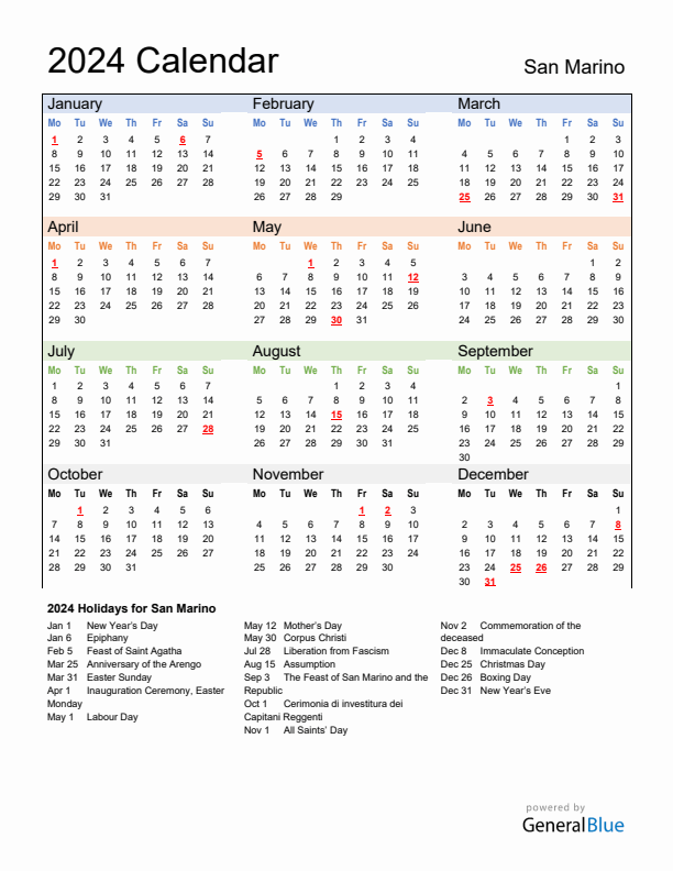 Calendar 2024 with San Marino Holidays