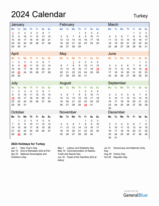 Annual Calendar 2024 with Turkey Holidays