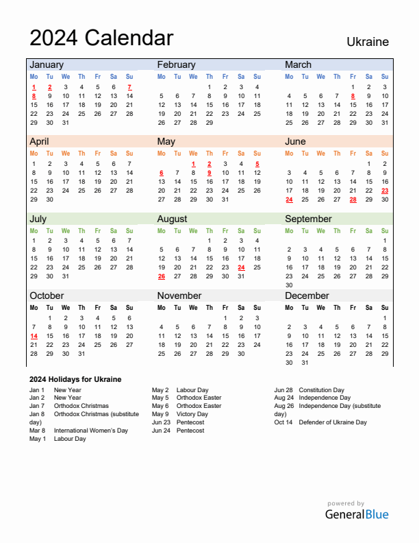 Calendar 2024 with Ukraine Holidays