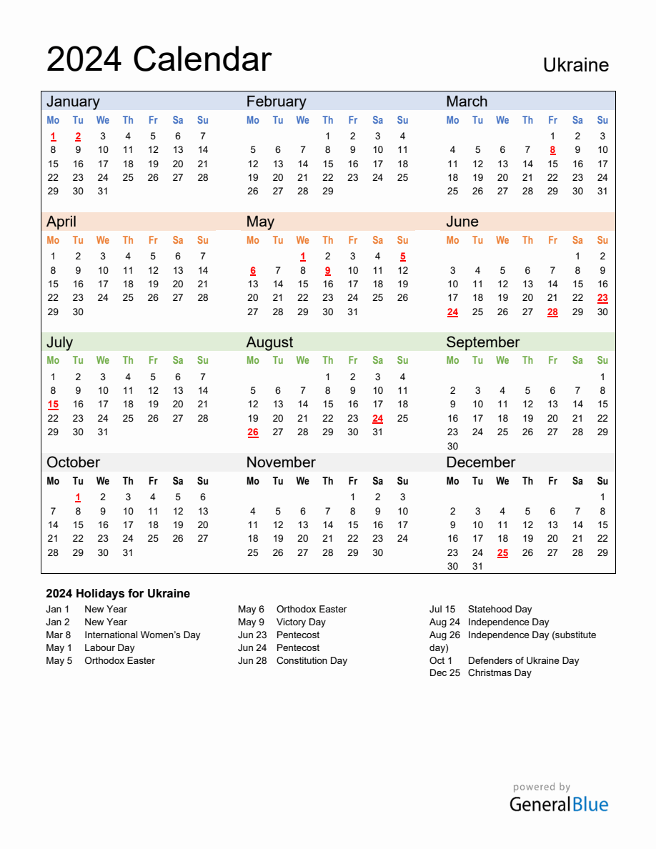 Annual Calendar 2024 with Ukraine Holidays