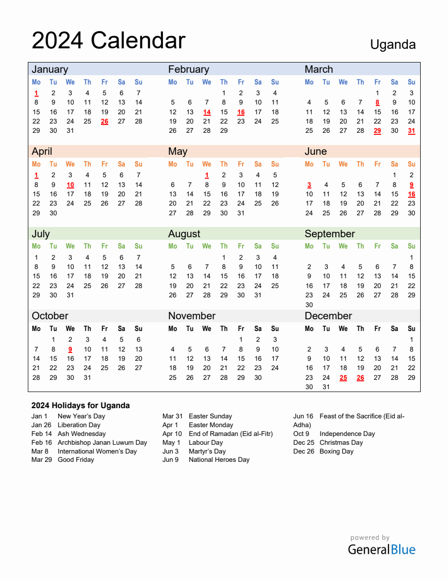 Annual Calendar 2024 with Uganda Holidays