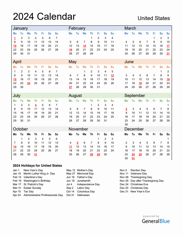 Calendar 2024 with United States Holidays