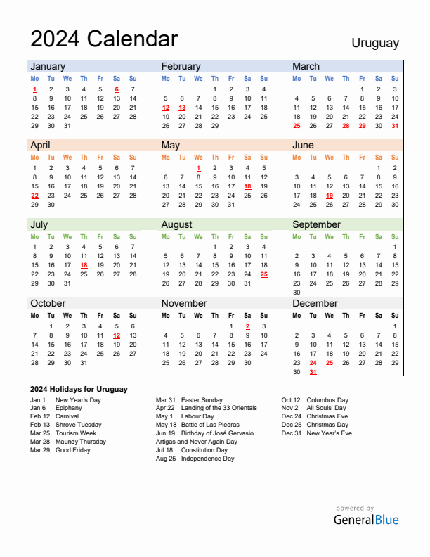 Calendar 2024 with Uruguay Holidays